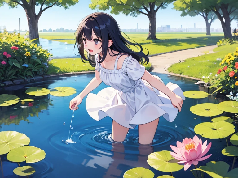 absurd , high resolution, Super detailed, (8 year old girl:1.3), Large Breasts,Happy, rest, Sundress, Ink cap, mary jane shoes, rest, Rich gradients, extreme colors, Extreme details, Clear light perception, rest, (many, Impressionism, ), Anime Characters, rest, The opening of your legs,Fluid between thighs、Flowing liquid,touch、disheveled、Comfortable to wear,Chest contour、(((Wet clothes))),Pipe top,(((Ultra-thin clothing))),(Body model),((Body outline)),Grin, blush,Overactive Expression,