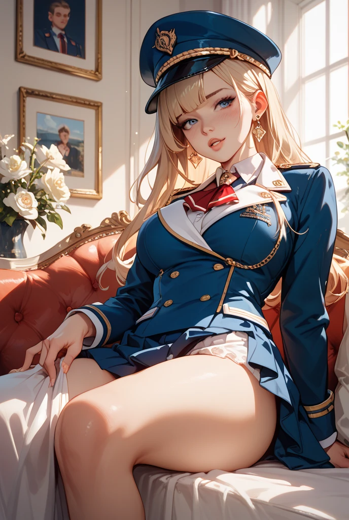 european, blond hair,, in a ward, See panties, opened legs, Squat in a chair, Hat, highres, highres, high details