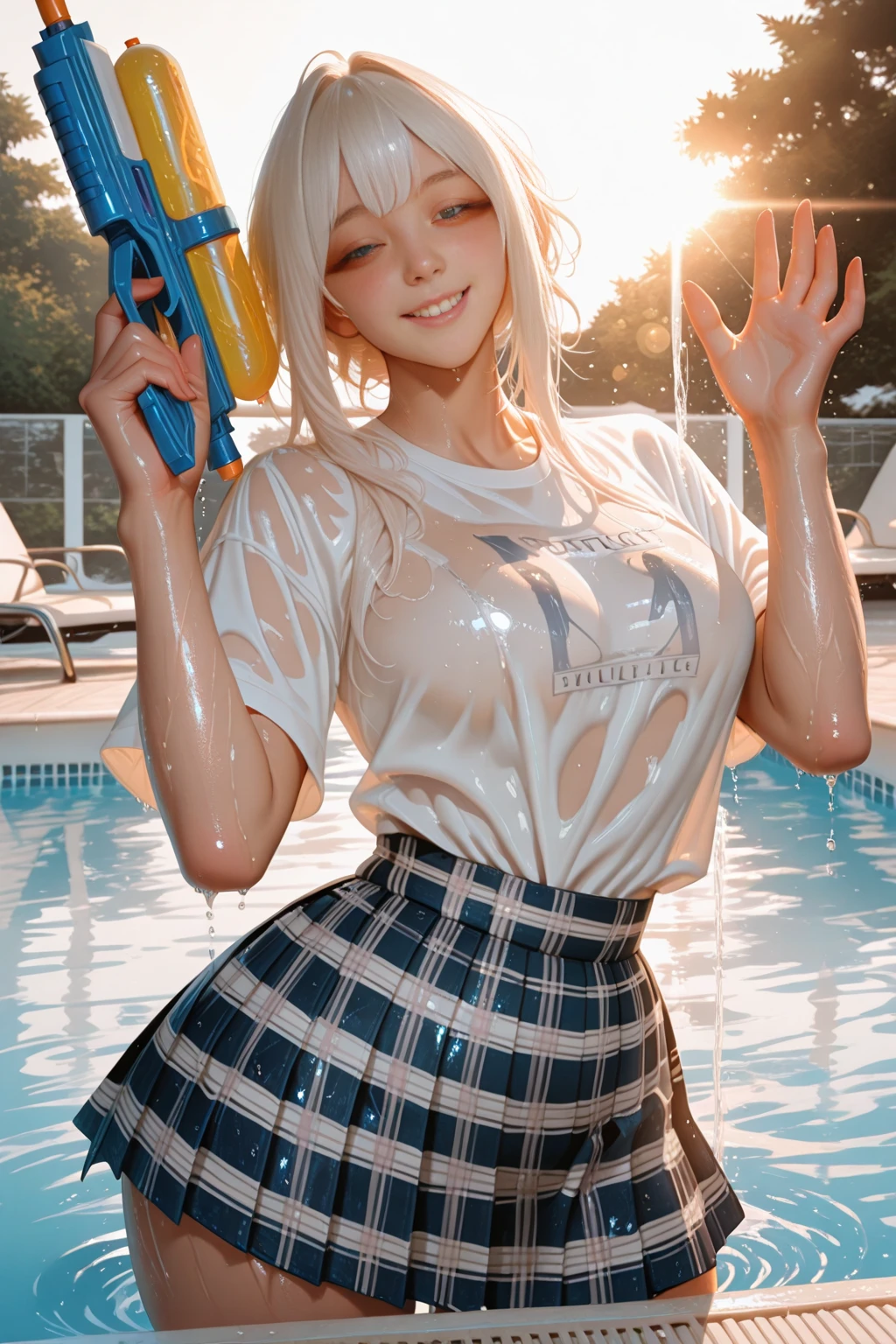 absurdres, (8k, RAW photo, best quality, masterpiece:1.2), ultra detailed, official art, photo-realistic:1.37, (A beautiful and vibrant young girl with glowing, healthy skin and a bright smile:1.2), A skirt with a monochrome two-tone design and cute pop-colored frills as the point. The silhouette spreads out towards the hem below the knee., A translucent surface of water radiating a fantastic silver shine.