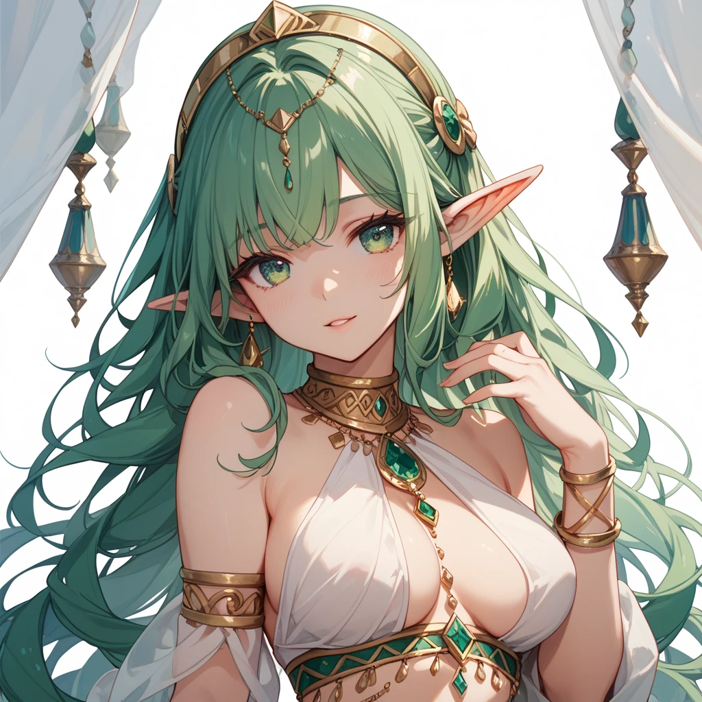 ((masterpiece,hight resolution,8K picture quality,top-quality)),1girl in,((extra detailed face)),Dark Elves,Delicate eyes,(Blue eyes),(hairstyle on:Long Wave,strong wavy hair,stiff wavy hair,platinum hair),Dramatic makeup,lensflare,((Brown skin,Arab,Sunburned skin,Brown-skinned)),large full breasts,dancer,Belly Dance Costumes,ln the forest,waterside,flower bloom,emerald and gold headdress,emerald and gold necklace,smil,
