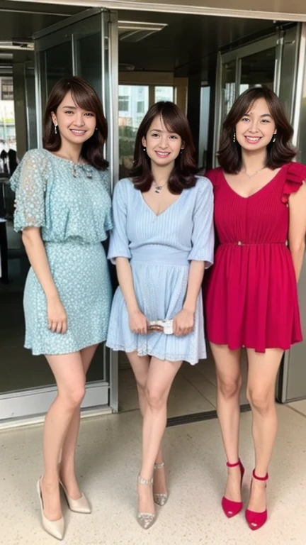 a young woman in a red mini dress, off-the-shoulder, red painted nails, cleavage, smile, detailed breasts, perfect skin, beautiful eyes, wearing crown ,long eyelashes, flawless makeup, elegant hairstyle, photorealistic, 8k, highly detailed, studio lighting,  fashion photography, at wedding