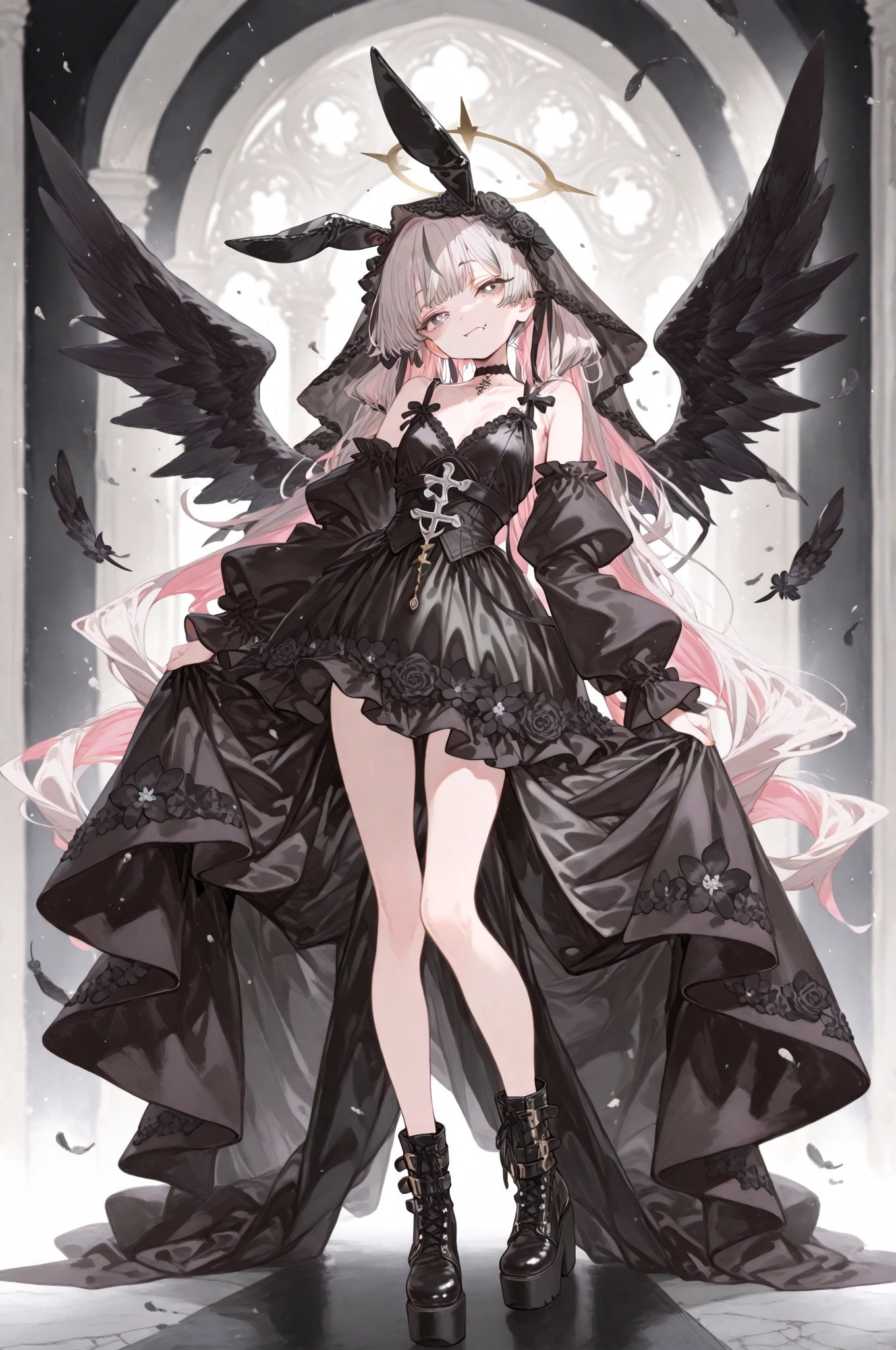 ((best quality)), ((masterpiece)), (detailed), 1girl, off-shoulder, Character design, female, dynamic poses, long white grey hair, grey white eyes, very skinny, detailed, best quality, no accesoires around the neck, no shoes, prominent collarbones, skinny arms, flat stomach, visible hip bones, full body, blank white background, plain background, white background, red and white clothing, Bloodborne inspired, occult aesthetic, occult, detailed and intricate steampunk and detailed gothic, NSFW, Very dramatic and cinematic lighting, cosmic horror, grim-dark, side-lighting, perfect face, NSFW, Fluttering lace flared long knee length dress with frilly petticoats, knee length dress, pleated petticoats, petticoats gothic, complex lace boots, side-lighting, gothic lolita aesthetic, wielding a mighty sword with mechanical components, mandalas, small breasts, a fairy, various different types of insect wings, NSFW, full body, whole body, body, plain background, white background, blank background, no background, white background NSFW, chains, full body, whole body, head-to-toe NSFW
