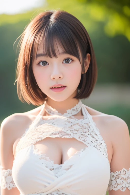 See through,Beautiful and fair、Glowing Skin, 3 Up, nice, bright, Refreshing and gentle look, Perfect beautiful face、Beautiful shiny bangs, Very beautiful 17 year old girl, eyeliner, Very perfect eyes,Very large breasts,The original skin is visible through the grooveuscular body,Khaki Lace Yoga Wear,Pink Short Hair