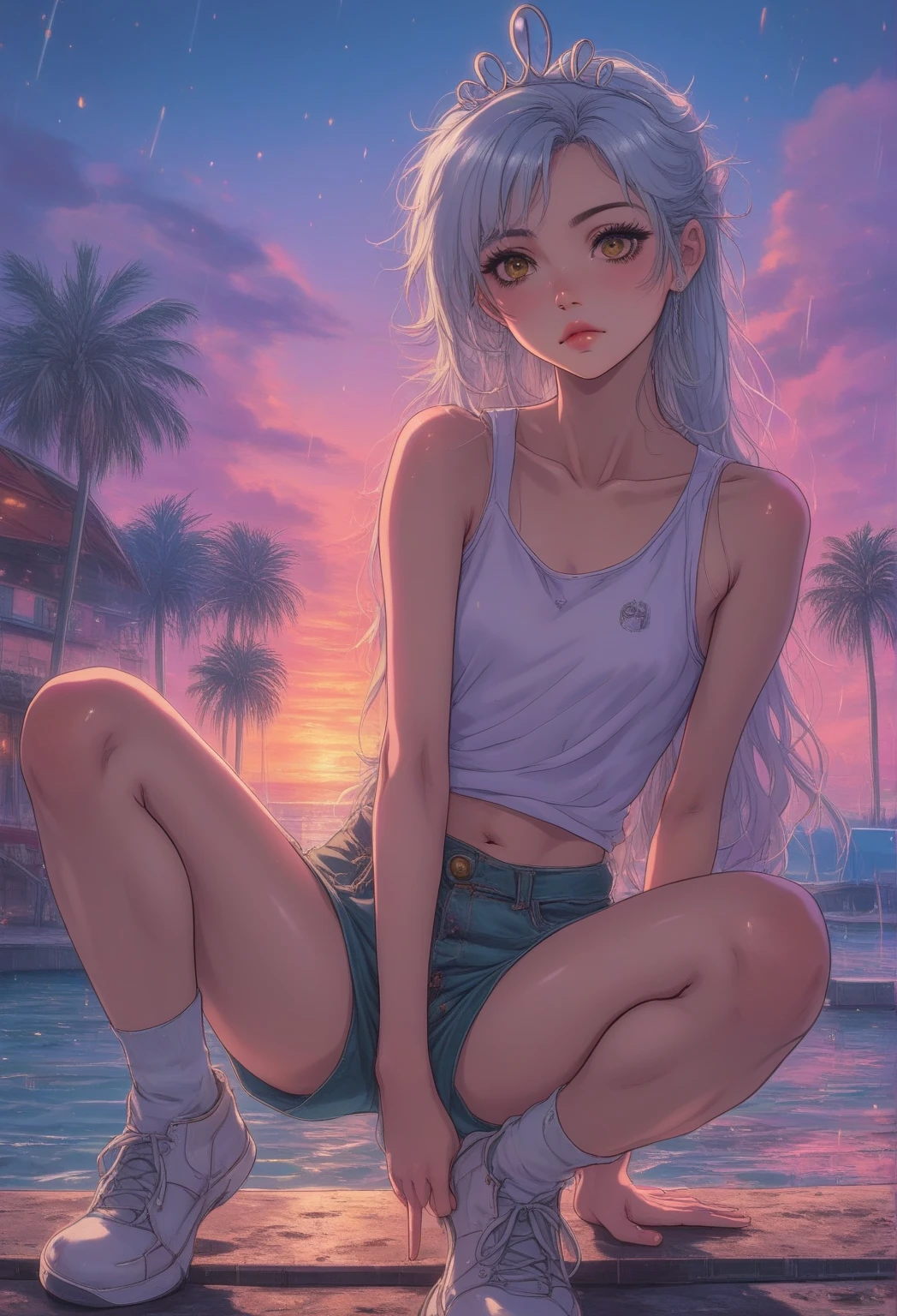 realistic, 1 girl, long hair, pink eyes, glowing eyes, tank top, see through, mini skirt, big smile, blush, night, perfect, beach, moon, camel toe, wet, naked girl,