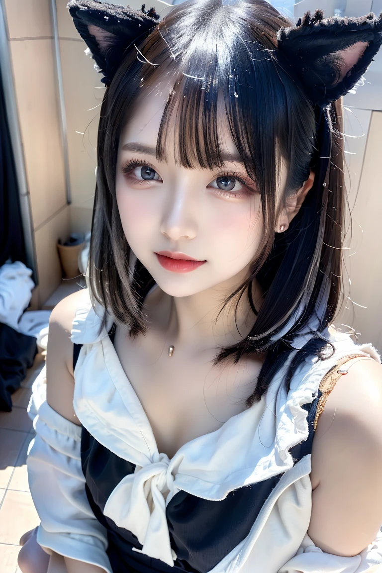 8K、(masterpiece)、(highest quality:1.4)、(超A high resolution:1.2)、 (Raw photo:1.2)、(illuminate half of the model's face, Creates dramatic light and shade effects:1.5)、1girl、flat chest、small and cute、、(Gothic Lolita Fashion)、looking at the viewer、beautiful face, Exquisite eye and skin details、thin black shiny hair、elegant ruffles、ruffle tie、ribbon tie、Rose Hair Accessories、(smile at the camera)、(close up shot)、(sea of europe)、professional lighting、(realistic、Photoreal:1.37)、(delicate lace、soft fabric、beautiful rose pattern dress)、perfect anatomy、((night seaside background))、black lipstick