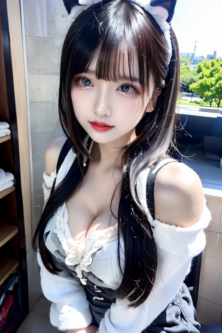 (masterpiece, the best_quality, Super detailed, 8k, ultra high definition, flawless:1.latin blue hair, blue hair，catwoman,, cat ears, glowing pink eyes, Shy, Compliant, Blushed, Wet oily skin, on the bed, Big deal胸, heart tattoo above, , Big deal腿粗, Beautiful hip curve, 巨Big deal, only, tight skin, scantily clad,Pink lace top, collar, facing the audience, Windows, bedroom, midnight, Sexy,,japanese goddess, Cardigan shirt, korean girl, 美丽的asian girl, V-shaped bust clothes, low cut，巨Big deal，Expose the upper half of the chest，not compact，下垂的Big deal胸，Gorgeous Chinese model, Beautiful young Korean woman, Japanese model, thick lips，duck mouth，asian girl, Beautiful young Korean woman, wearing shirt, beautiful korean woman, 坐on the bed, Looking to the future,巨Big deal，Big deal，up,portrait photo，super closeup,face camera，Take photos carefully，double tail，Red hair长波浪，Red hair，European and American women，，Mature