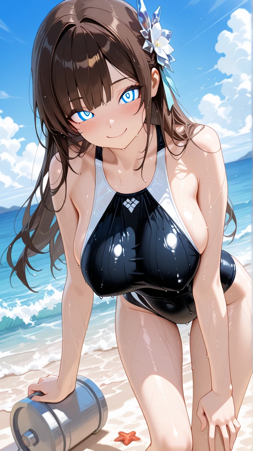 creates a 20-year-old anime girl in a white swimsuit with big breasts and wide hips washing a car with a landscape of the road and now the beach in hot weather