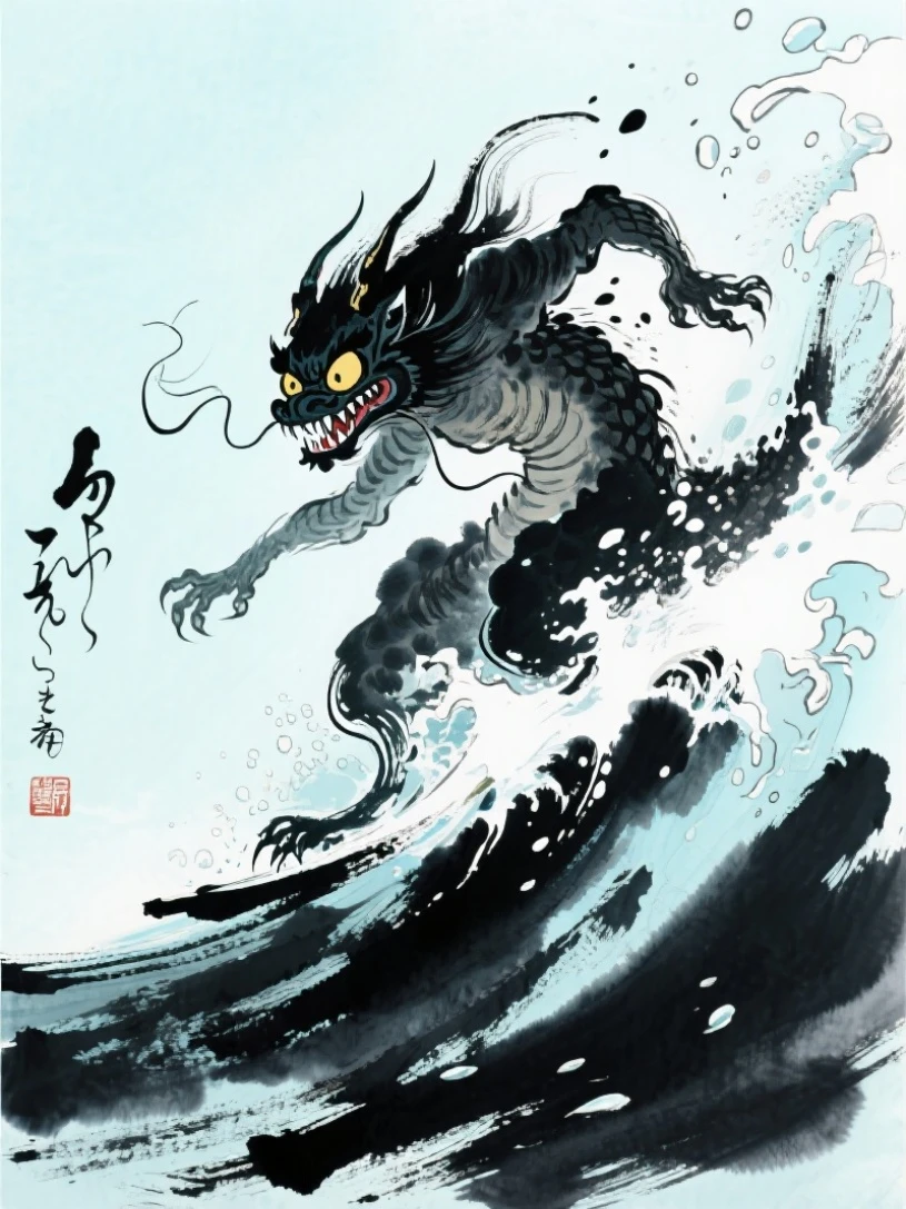best quality, masterpiece,TBD,tattoo, a monster face, white background,cloud,wave,  <lora:TBD-000008:0.8>