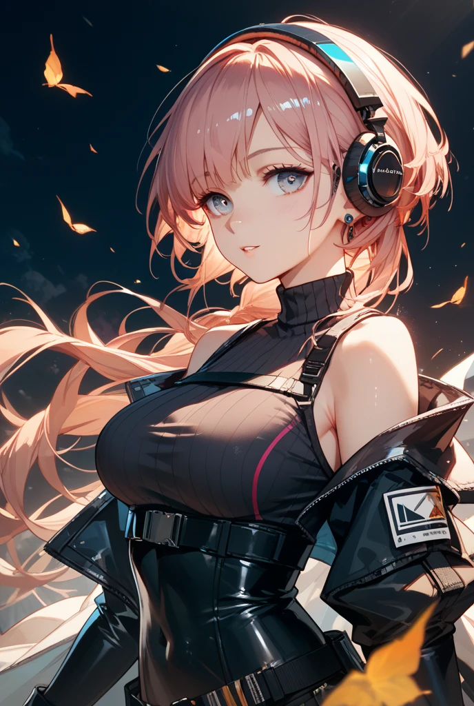 full body,1 woman, 20 years old (cute:1.3),short red Hair, left eye blue, right eye yellow, tan skin, freckles,{open sexy clothes, black skirt, Black stockings, long sleeves, chest harness, black shirt, crop top, miniskirt, Shoes, futuristic headphone, O-Ring, midriff, off shoulder, big breasts, thigh strap, shorts, fishnet stockings,Glossy, shiny material, sprinting across the frame