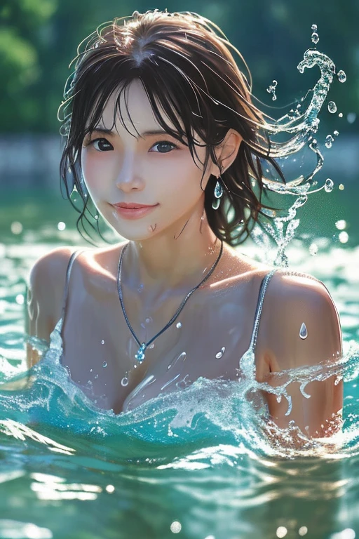 girl lie back on water, lie back, body rests on one hand, long hair, enhanced breast, jerk back her head, red lingerie, side view, whole-body wrapped around by water-bubbles, multicolor bubbles, mythical splashing, mystical whirl and tide, water element, epicRealism, 8k, UHD super detailed, perfect face, perfect fist, perfect feet, ethereal, midst, rain shower