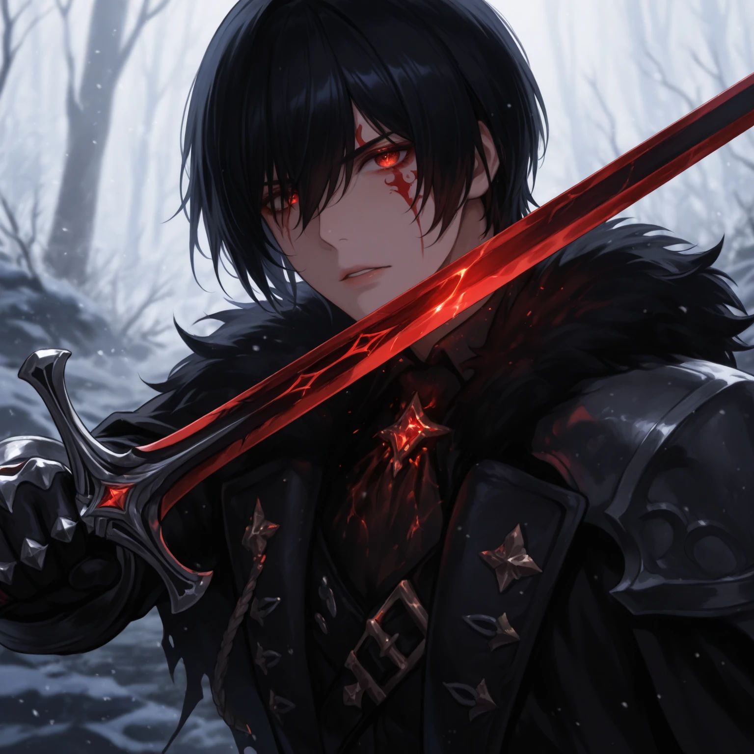 A beautiful face、There are five scars on his face、A strong man holding a green dragon moon knife stood on the battlefield full of corpses。There are blood-colored clouds on the battlefield,Meteorite fall。He was bruised,Unyielding eyes。He wears a black trench coat,Black cape。