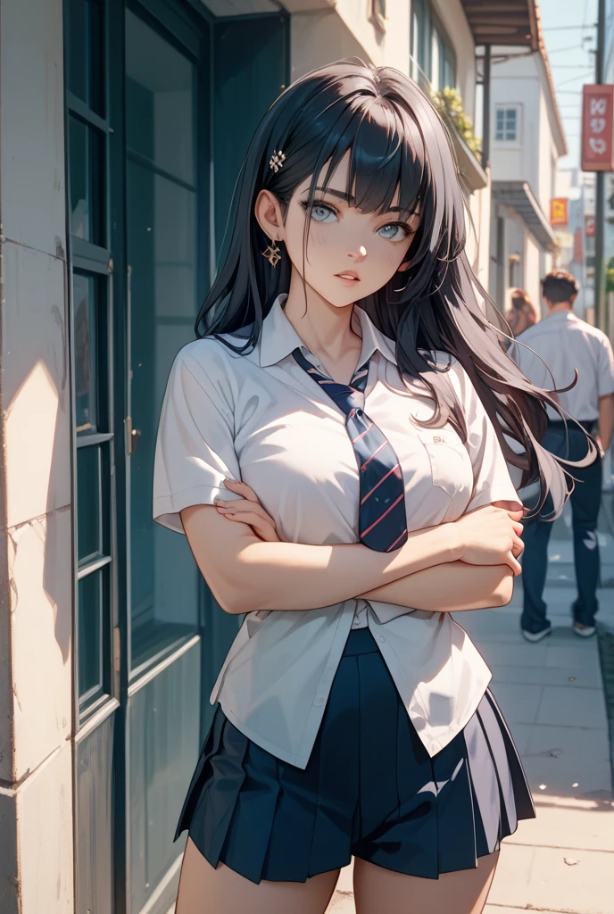 (masterpiece:1.3, top-quality, ultra high res, ultra detailed), (realistic, photorealistic:1.4), beautiful illustration, perfect lighting, natural lighting, colorful, depth of fields, ,
beautiful detailed hair, beautiful detailed face, beautiful detailed eyes, beautiful clavicle, beautiful body, beautiful chest, beautiful thigh, beautiful legs, beautiful fingers, shiny skin,
looking at viewer, 1 girl, high school girl, (perfect anatomy, anatomically correct, super detailed skin), cute and symmetrical face, babyface, perfect face, perfect eyes, ,
(long hair:1.4, straight hair:1.2, black hair), swept bangs, grey eyes, big eyes, drooping eyes, long eye lasher, (medium breasts, seductive thighs), slender, skin dendation,
detailed cloth texture, break, (short sleeve white collared shirt), break, tie, break, (light grey vest:1.2), break, (grey pleated skirt), break,
(beautiful scenery), summer, evening, (cityscape:1.2), standing, hands on chest, (lovely smile, upper eyes, parted lips),