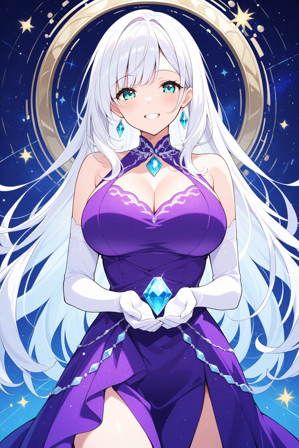score_9, score_7_up, source_anime, cowboy shot, looking at viewer, smile, teeth, 1girl, large breasts, long hair, white hair, bangs, aqua eyes, jewelry, purple dress, white elbow gloves, holding gem, abstract background, floral background, starry background