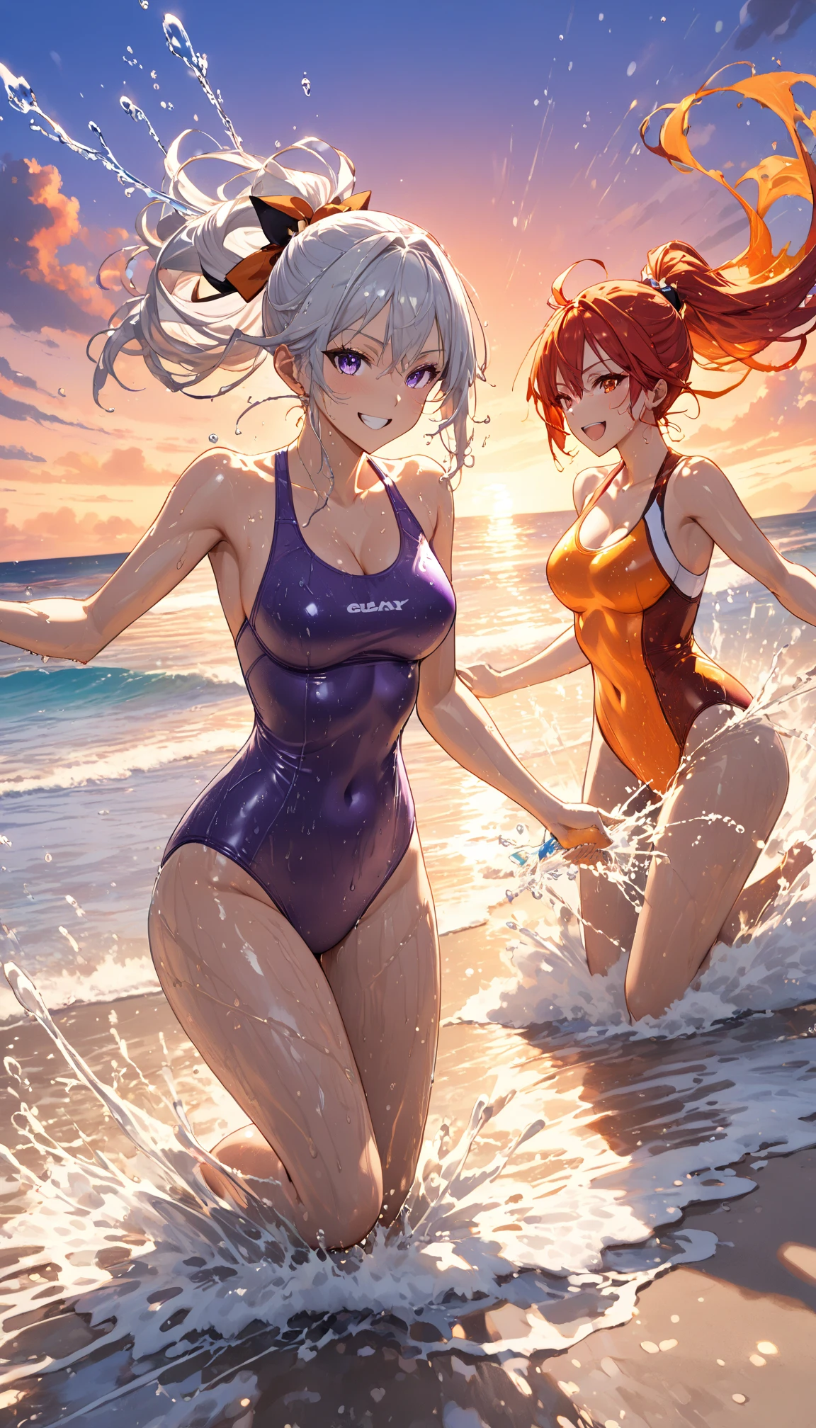 Attractive muscular tomboy smiling anime girl wearing tight revealing bikini while posing in a seductive manner butt
