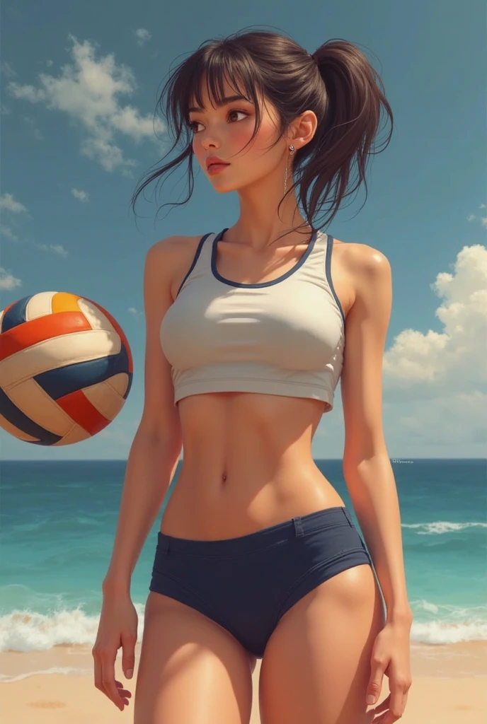 ((medium breasts, beautiful girl, small head)), dawn, sunlight, (chiseled abs : 1.1), (perfect body : 1.1), (wavy hair : 1.2) , black long hair, beautiful feet, Wearing a volley ball uniform , (Highly detailed CG 8k wallpaper), (very delicate and beautiful), (table top), (highest quality:1.0), (超High resolution:1.0),  beautiful lighting ,perfect lightning, realistic shadow, [High resolution], fine skin, super detailed,Volleyball Venues