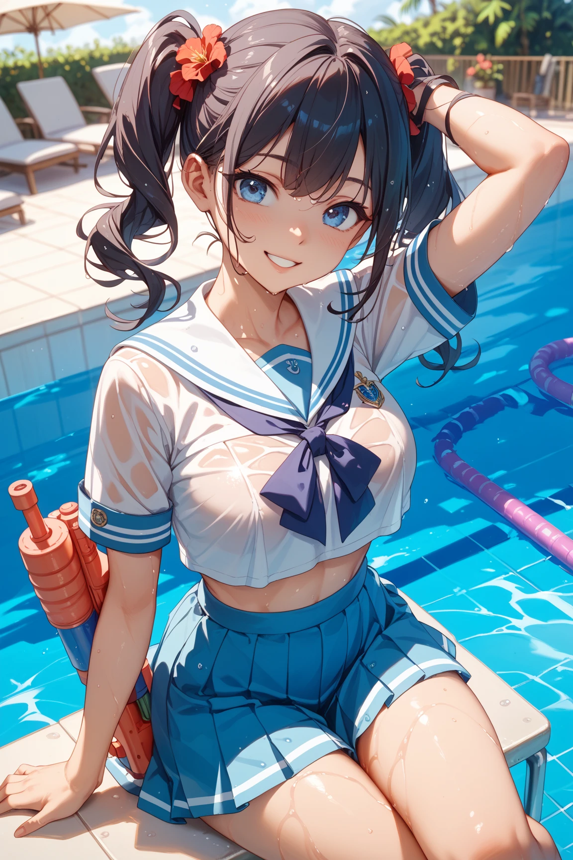 highest quality、High resolution、8k、Beautiful teenage girl、(Three Women)、Sexy Bikini、Sailor School Swimsuit,(White sailor collar)、Wet、Whole body gets Wet、Water play spot、Water slide、Water play event、sexual expression、smile、ponytail、Cute hairstyle、Represents 1'~ ~ side、Accentuate your cleavage、Throwing water at each other、Laughter
