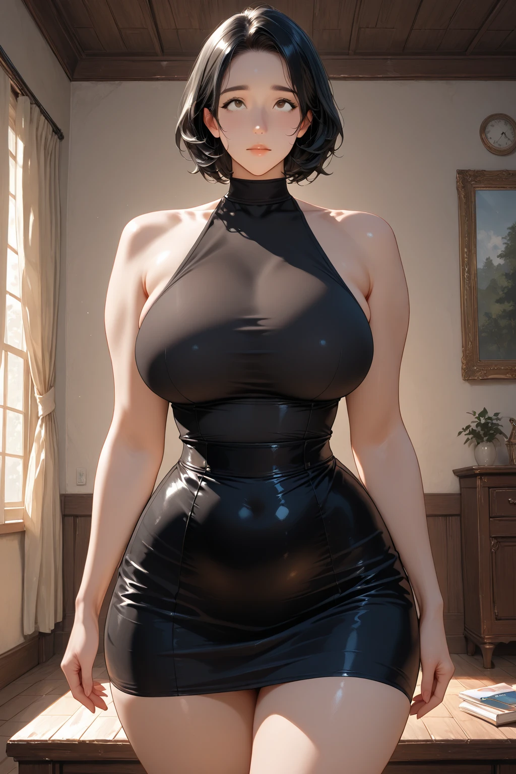rational symmetry, (Clutter-Home:0.1), living room, brick wall, fireplace, wooden floor, fcPortrait, close-up, 1girl, GS-Womanly, AS-Elderly, Asian-Less-Toon, short hair, plump, (top heavy, gigantic breasts:1.2), (thick arms, wide hips, thick thighs), bodysuit, dynamic pose