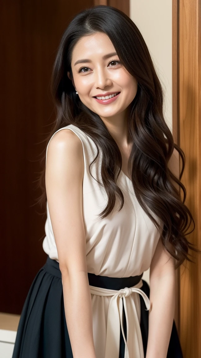 ((Highest quality)), ((8K)), ((masterpiece: 1.3)), (Perfect appearance), (Photorealism: 1.6), (face), (JMA), (Woman standing in the middle of the stage), Japanese Mature, (58 years old), ((Realistic skin texture)), (Fine wrinkles appear all over the skin), (Dullness), (Unmoisturized skin) , (Facial wrinkles), (Wrinkles around the eyes), double eyelid, Lower eyelid tear trough, (Dimples), Short bangs, Long wavy hair, Smile with the corners of your mouth turned up, (Double teeth: 1.2), The gaze is directed here, (Open neck blouse), (Three-quarter sleeves, Wide cuffs), (Long skirt), High heels, (whole body), (Angle from the feet),