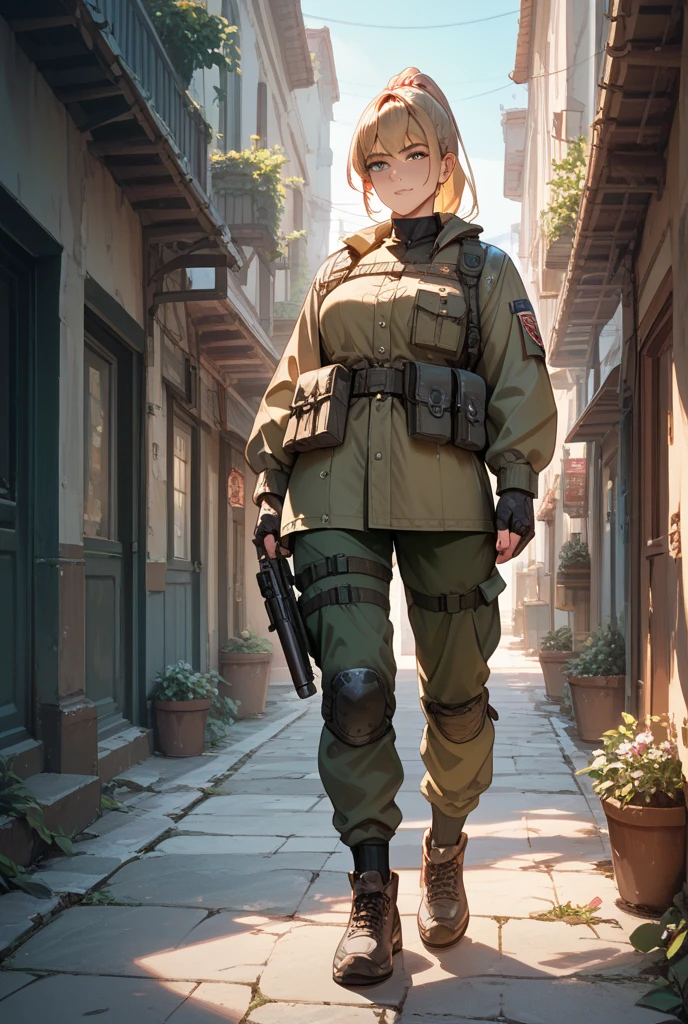 ela_(rainbow_six_siege), masterpiece, best quality, 1girl, camouflage, solo, green hair, backpack, boots, hat, goggles, goggles on headwear, ass, pants, looking at viewer, jacket, hood, bag, short hair, headset, blue eyes, camouflage jacket, gloves, holster, hood down, looking back, thigh holster, radio antenna, military, headphones, leggings, closed mouth, camouflage pants, huge ass, outdoors,