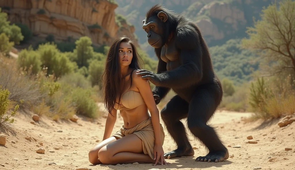 NSFW (nude) (Melissa Benoist ((human)) small breasts, strip of pubic hair) vaginal penetration, fucking male gorilla with fat penis, full body, on a deserted beach