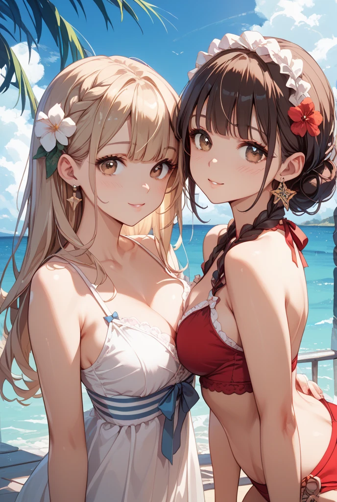 Highest quality、super high quality、16K, Multiple Models、Delicious big breasts、The expression is shy、 Clothes: T-back、The location is the beach、 Palm tree、cloud、The pose is with the model facing each other.、 Hair color is random、Hair length is long、Angle is from the front、Close-up shot of the subject、Small face、Very delicate facial expressions、Delicate eye depiction、Highly detailed hair、Erotic、18-year-old female、Glowing Skin、Soft Skin、