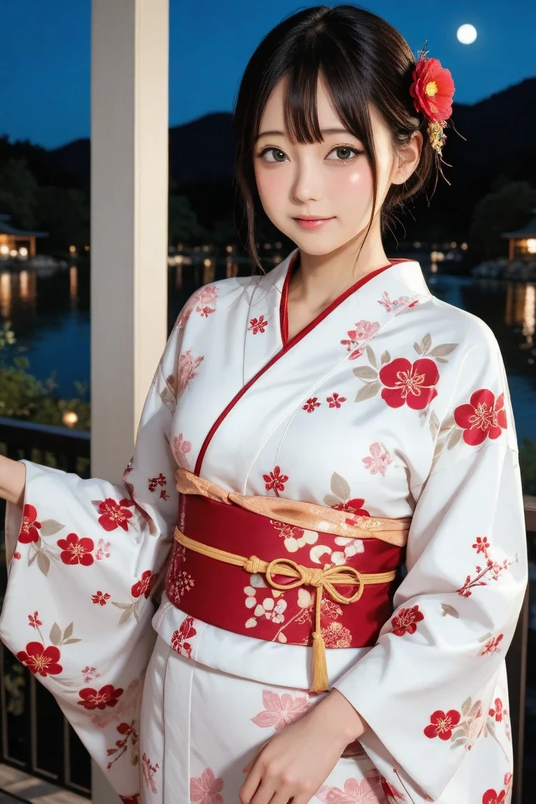 (kimono)、(highest quality、8k、High resolution、masterpiece:1.2)、Very detailed、(Realistic、photoRealistic、photo-Realistic:1.3)、Bokeh、Portraiture、Smile、(Detailed eyes、beautiful girl、Young face、Detailed face、No makeup)、Slightly backlit、Professional Lighting、Caustics