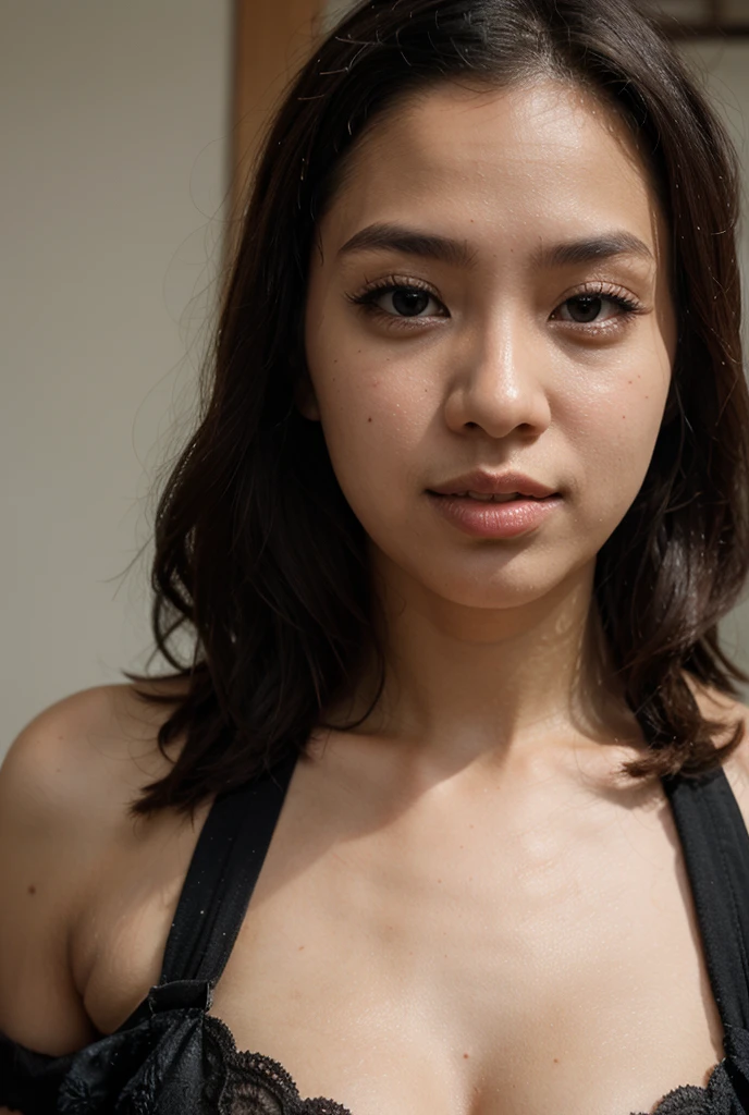 photo in white background , Daytime photo, photo 23 years old.oh beautiful woman, realistic skin, Cute appearance, beautiful facial features, looks ahead , in a white sleeveless blouse with a neckline , hands down , bright lighting, Hair gathered, tan, toned facial features, large lips and pits on the cheeks, beautiful nose and big eyes, feminine with charisma, god, Asian and European facial features , mestizo, sharp nose, looks straight , close-up photo