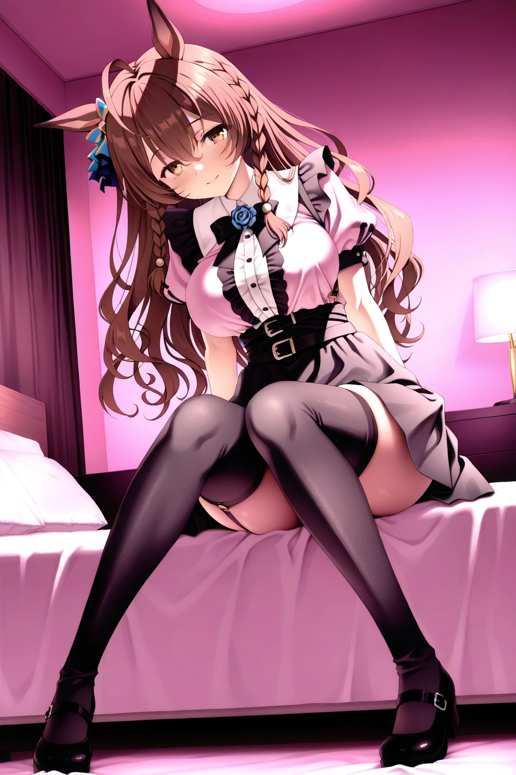A woman, 18 years old, bedroom, feminine decor, luxurious room, serious, shocked, sobbing, hugging a stuffed animal, lying down, bed, head on pillow, crossing her legs, hourglass shaped body, shapely legs, medium chest, medium hip, small waist, long hair, black hair, honey eyes, wattle eyes, casual wear, mini skirt, mini skirt with flower patterns, pleated mini skirt, thigh high stockings, stockings held up by garters, stockings with diamond patterns, blouse, blouse with lace, neckline, blouse with butterfly patterns, patent leather shoes, medium heels,