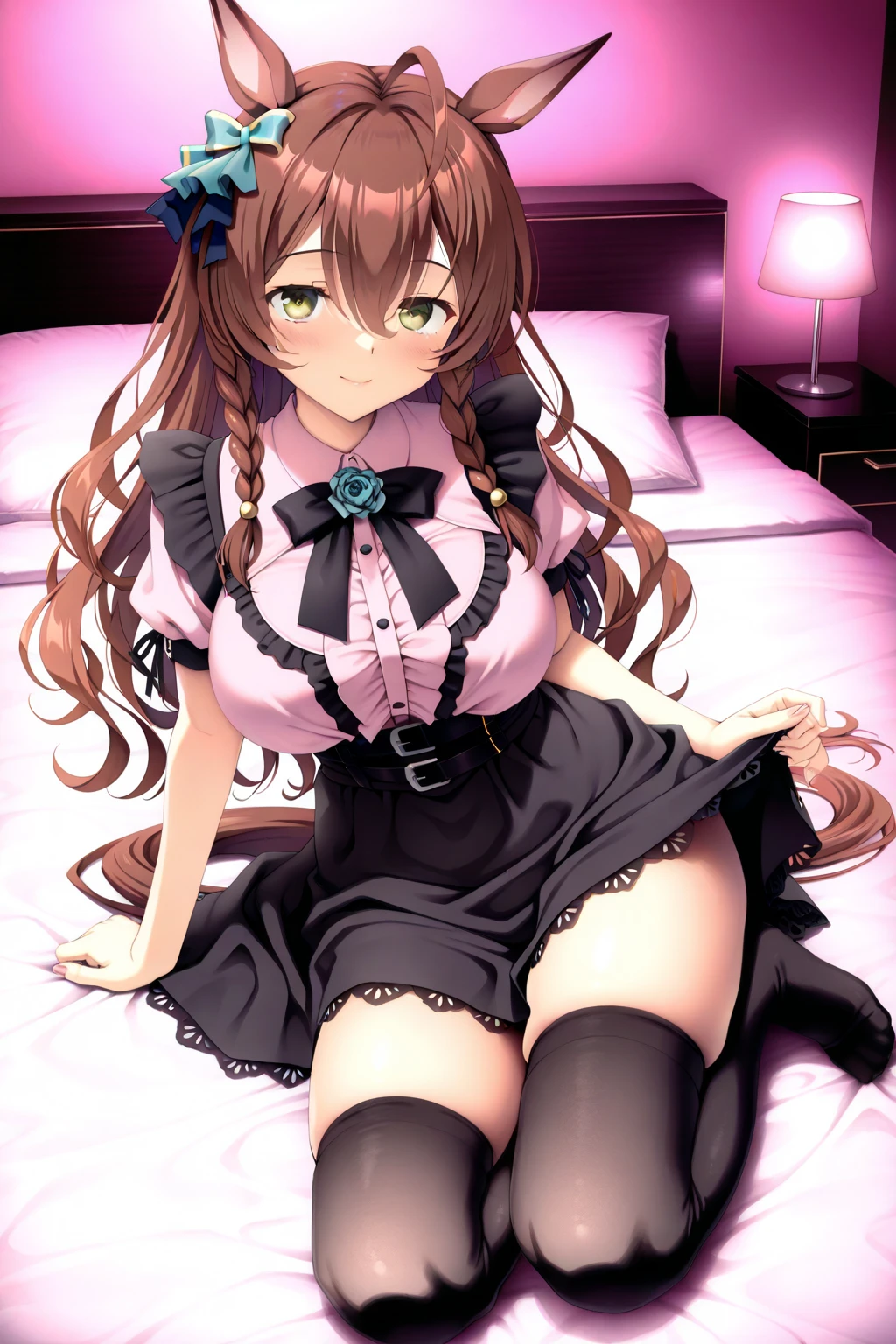 (2 young girls with long hair, Beautiful face and eyes and eyeliner,A delicate little face, pink eyes, Charming smile, (Maid cafe outfit with frilly, Sheer pleated mini skirt:1.5), Skirt turned inside out,(Transparent maid cafe costume with large open breasts and hollow:1.2), Sexy transparent underwear,Underwear exposed,Show belly button, Revealing sexy transparent white panties (very pretty girl), brown hair, Fashion hair accessories quality:1.4), (Extremely detailed),Pendants and earrings、 (Extremely detailed CG unified 8k wallpaper), Very detailed, High-resolution original color photos, Professional photography, Depth of Field, (Lying in bed)