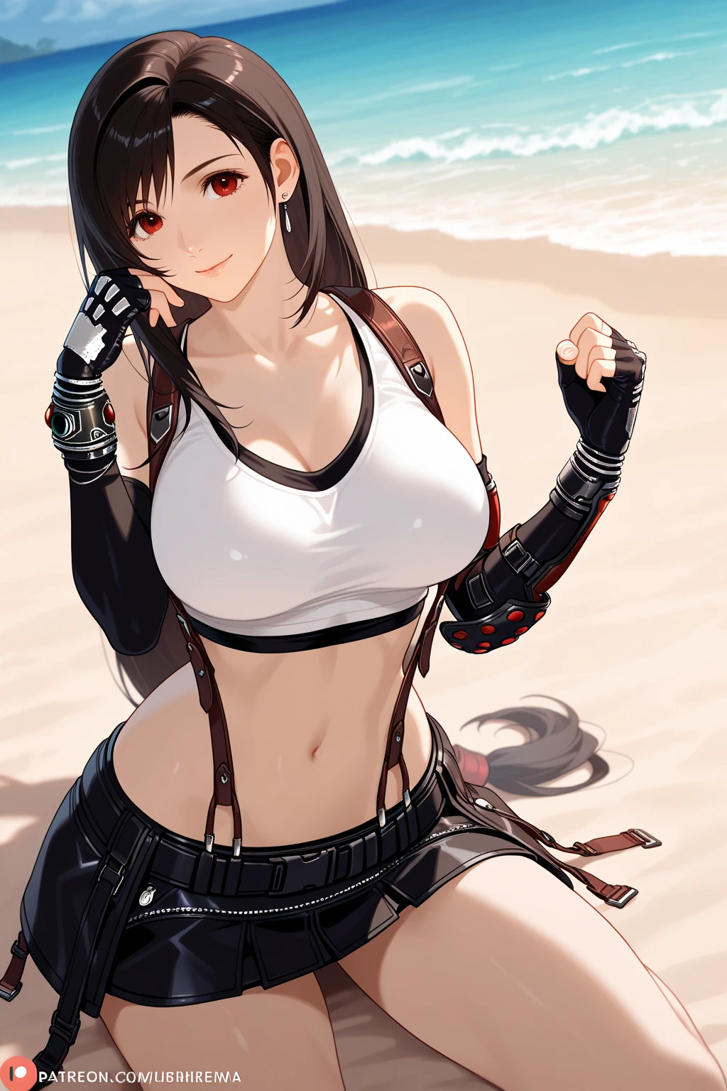 (Masterpiece,Best quality, Detailed), Sun in the background, view the viewer, 1girll, Solo, full bodyesbian, standing, Cowboy shot, Blush, nose blush, Black jacket, Bare shoulders, Black gloves, white
Camisole vest, black thigh highs, view the viewer, Shorts, Medium breasts, Sweat