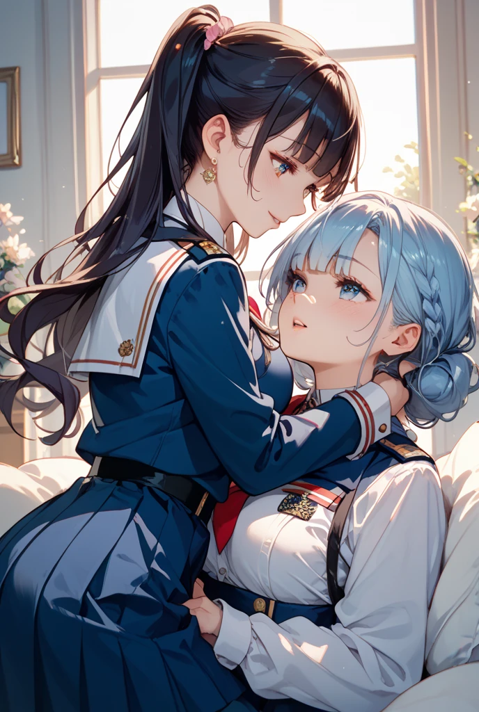 ​Furina and Amber from genshin impact, they are kissing, Amber is at the left of the image, Furina is at the right of the image, (Best quality, 8K, Masterpiece:1.3, 2 different girls, Beautiful girl), cute, Dynamism, Detailed face, Detailed skin, detailed clothes, Detailed eyes, Detailed lips, Detailed tongue, Detailed fingers, Detailed mouth, Photorealistic, Raw photo, highres, hight resolution, Natural lighting, dynamic pose, perfect anatomy, toned legs, double eyelids, tear bags, round eyes, moist lips, sweaty, ecstatic face, sailor school uniforms, pleated skirt, half closed eyes, blush, open mouth, tongue out, tongue kiss, ahegao, drooling, skirt lift, split-color hair, (lesbian, lesbian kiss, yuri, 2 different girls are kissing), erotic kiss, sexy kiss, forehead, bangs, classroom, sunset, undressing, hugg, masturbation, big breasts, cleavage