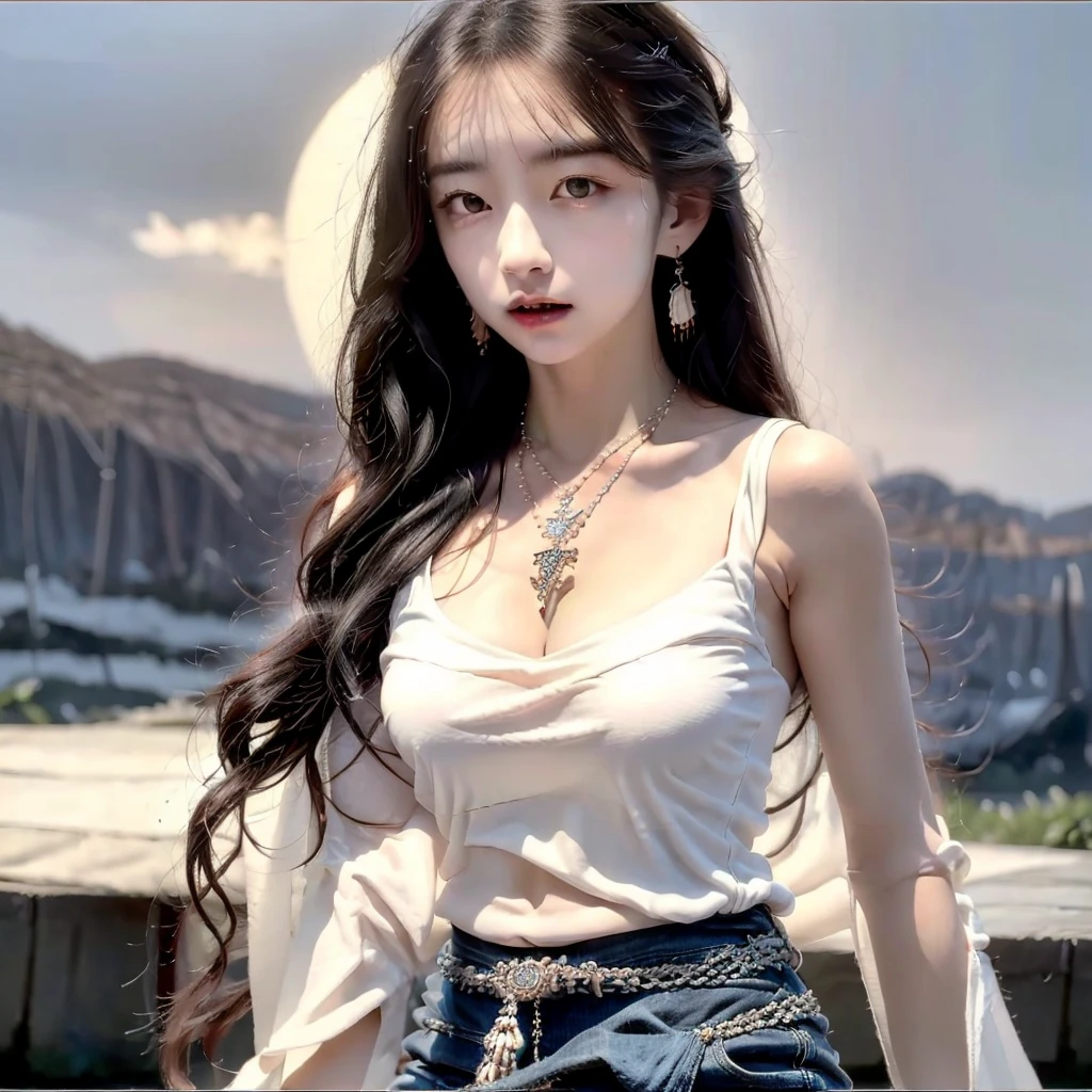 Beautiful and lovely 22-year-old girl,Highest image quality,Tyndall effect,big eyes,Long eyelashes,White openwork lace,With clavicle,Black long hair,Snow-white skin,Perfect facial features,Clear face,Delicate lips,Wearing dazzling earrings on the ears,A diamond necklace is worn around his neck,sunrise,爱琴海海边sunrise的美丽背景,Soft lighting,modern,Realistically,front,Facing the camera,full-body shot,Vest line,Wearing a white miniskirt,Hanging on the single bar with both hands,Smiling,Shallow dimples