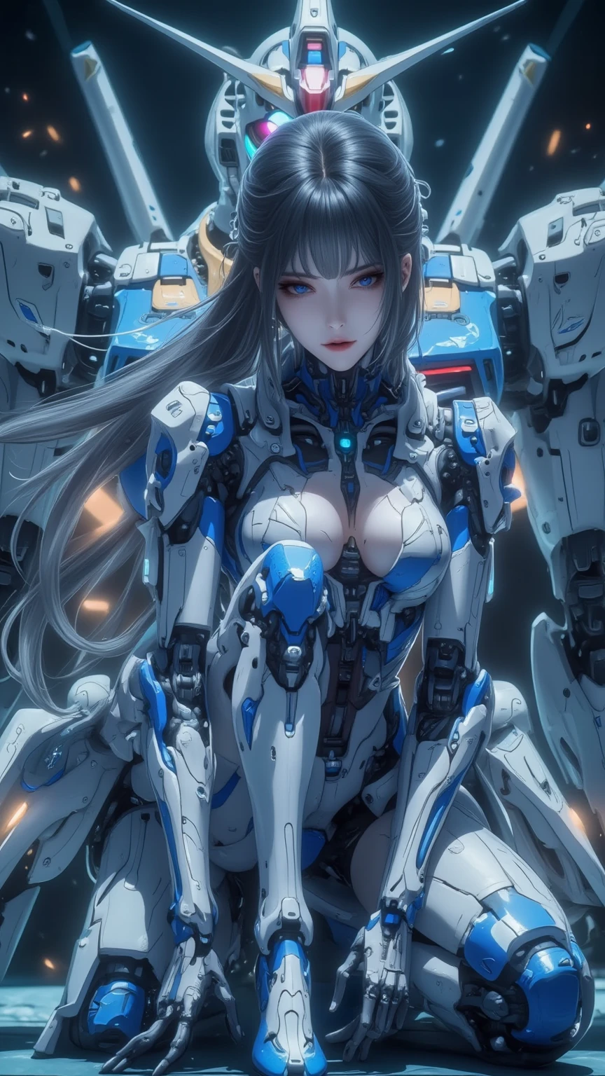 Wide-angle shot, 1 female, Mecha, Sparkling Blue Eyes, Very cute face, (Realistic:1.37), バイオMechaニカル, Complex robot, Spaceship interior bokeh background, Ultra-realistic, Very detailed, Very intricate detail, Beautiful woman in sharp focus, The machine is holding both of his arms, Exposed belly, crucifixion, spread_arms,