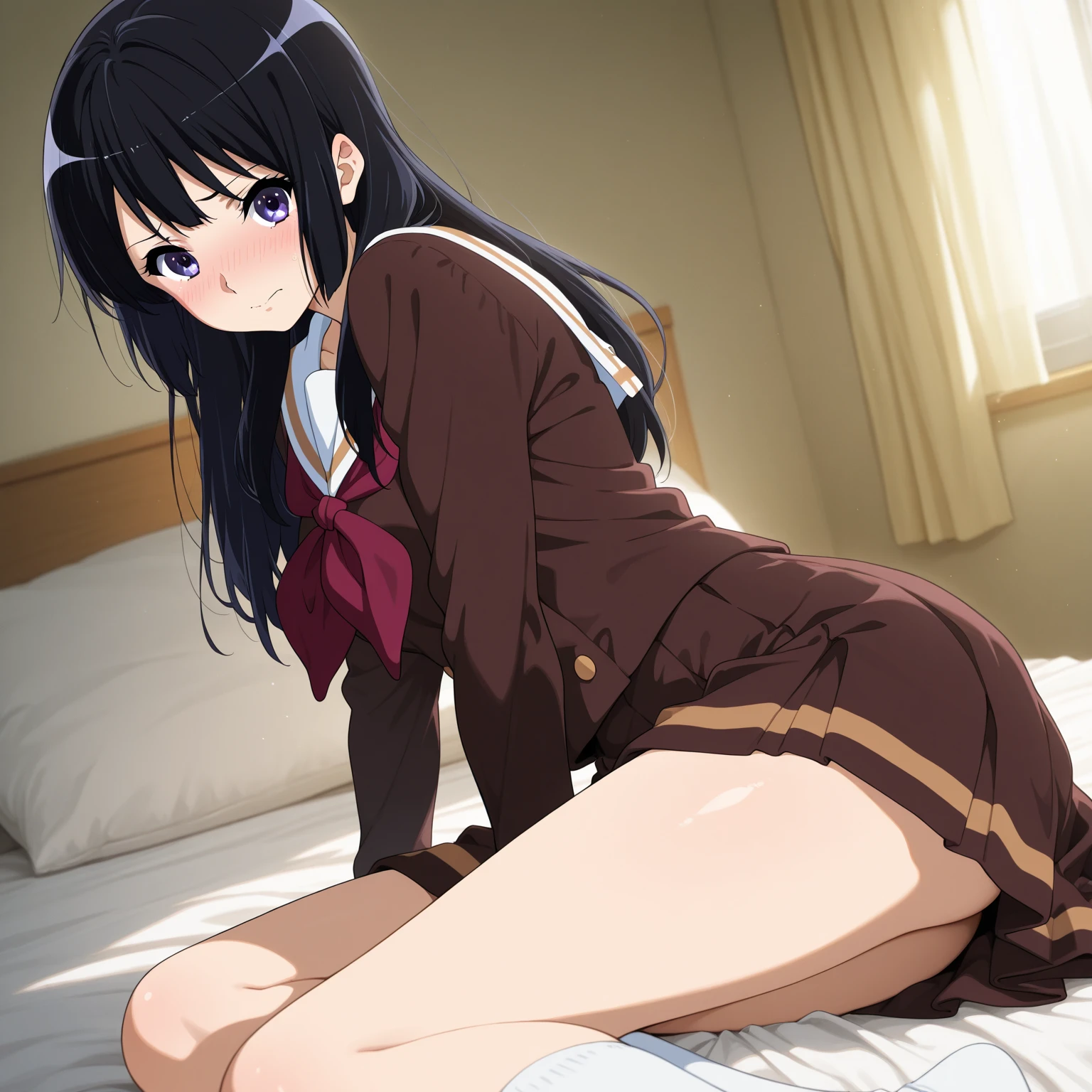 solo, 1girl, Takarada rikka, Best Quality, masterpiece, ((Solo, 1girl)), fine detailed shiny eyes, middle chest, high resolution, best lighting, extremely detailed illustrations, blush, embarrassed, smile, open mouth, Realistic white panties, crotch seam, cameltoe, window, day, on bed, NSFW, loli, pantyshot, school uniform, black hair, long hair, blue eyes, cardigan, no skirt, orange wrist scrunchie,