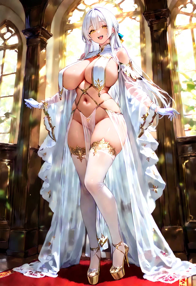 absurd, 8K, high resolution, ultra detailed, beautiful, masterpiece, best quality, very pretty woman, young, blonde hair, (very big breasts:1.3), detailed woman's face, very attractive, (white lingerie:1.2), full body,rukia