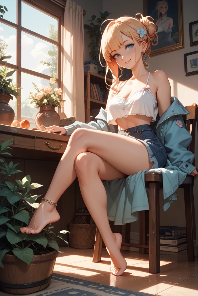blacked, (masterpiece:1.2, best quality), 1girl as hinata, solo, huge pelvis, small_breasts, flat_chest, slim, slender, fit, green eyes, blonde hair, sitting, couch, multiple boys, 6+boys, facing viewer, , full body, bare legs, barefoot, grin, boxers, briefs, v arms, covering crotch, old