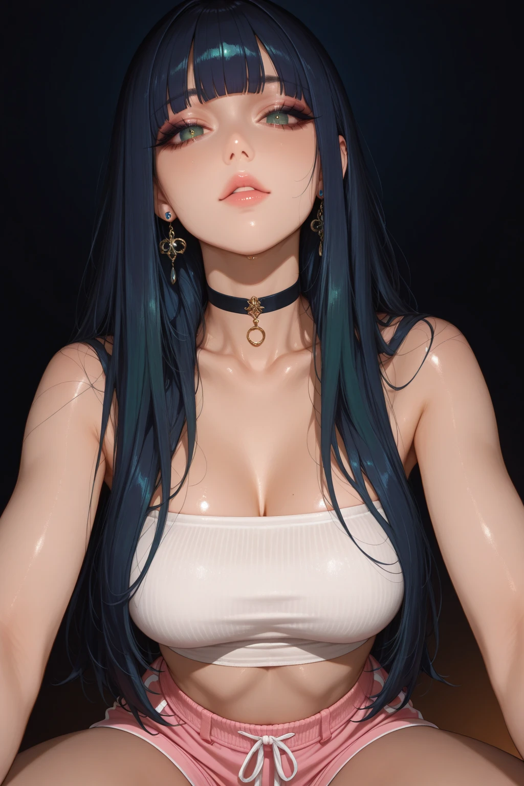 8K, Top Quality, Intricate Details, Ultra Detail, Ultra High Resolution, Masterpiece, close up shot, (full body: 1.1), Slender, Smile, (Makeup: 0.4), (( )), (Fluffy blue Eyes: 1.21), (()), 1girl, solo, 1 girl, ((blue hair, bangs, long hair)), close up shot, , ((tall)), (((fit body))), (((slim face))), sharp face, (( naked))  (detailed face), sharp face, small lips,  , 
 ((,  )), , ((,)), detailed face, detailed breast, , ((large breast, huge breast)), detail ass, Narrow Waist, Skinny, tall , 175 cm tall, Muscular, Navel, Exposed Abdomen, Pointed Chest,, Beautiful girl with accentuated slender abs: 1.4, Six Pack Abs: 1.4, Bust Botox, Big, Perfect Body, detail leg, (( dark background)), black background,