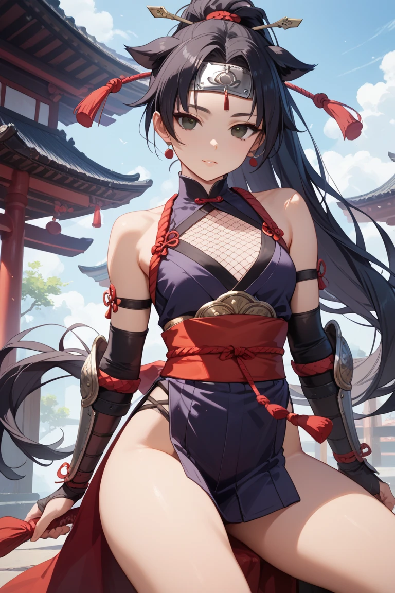 1 girl, blood on face, angry, holding spear, double bun, black shawl long hair, sports t-shirt, black bodybuilding trousers, red long cloth wrapped around the whole body, flat chest, small breasts, (flying), chinese mythology, cloudy, detailed sky, abstract background, (flame_surge_style:0.5)