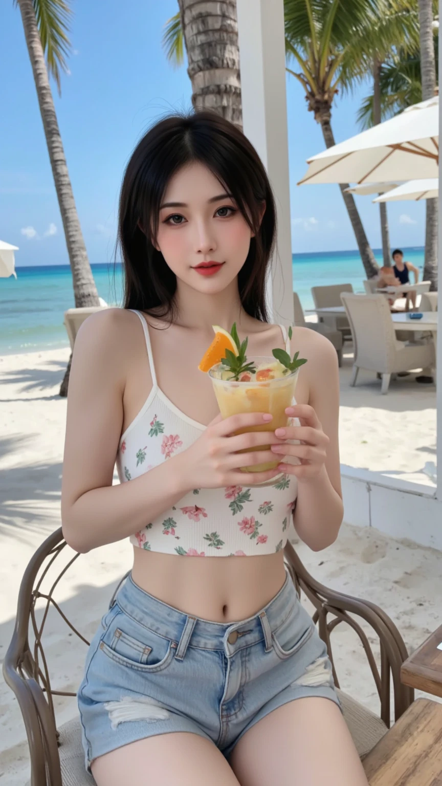 A girl in a blazer uniform ((White blouse with formal collar, Blue Blazer,
Red Check Skirt, Red checkered ribbon on blouse)), Complete limbs, Full Finger,
(((((Starbucks)))))、(((((Cafe table with ocean view)))))((16 year old female student))、(((((Eat cake、Drink coffee、smile)))))、(((Heart Necklace、Gold bracelet)))
((((Emphasize cleavage))))
((((Full body photo、The whole body is visible、Full body portrait))))
((((Pink floral panties and bra are visible))))