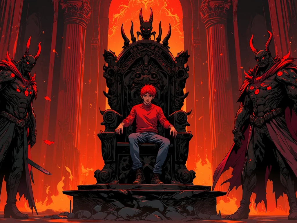 1boy, black hoodie, black pants, looking up at satan on a throne, hells fire in the background