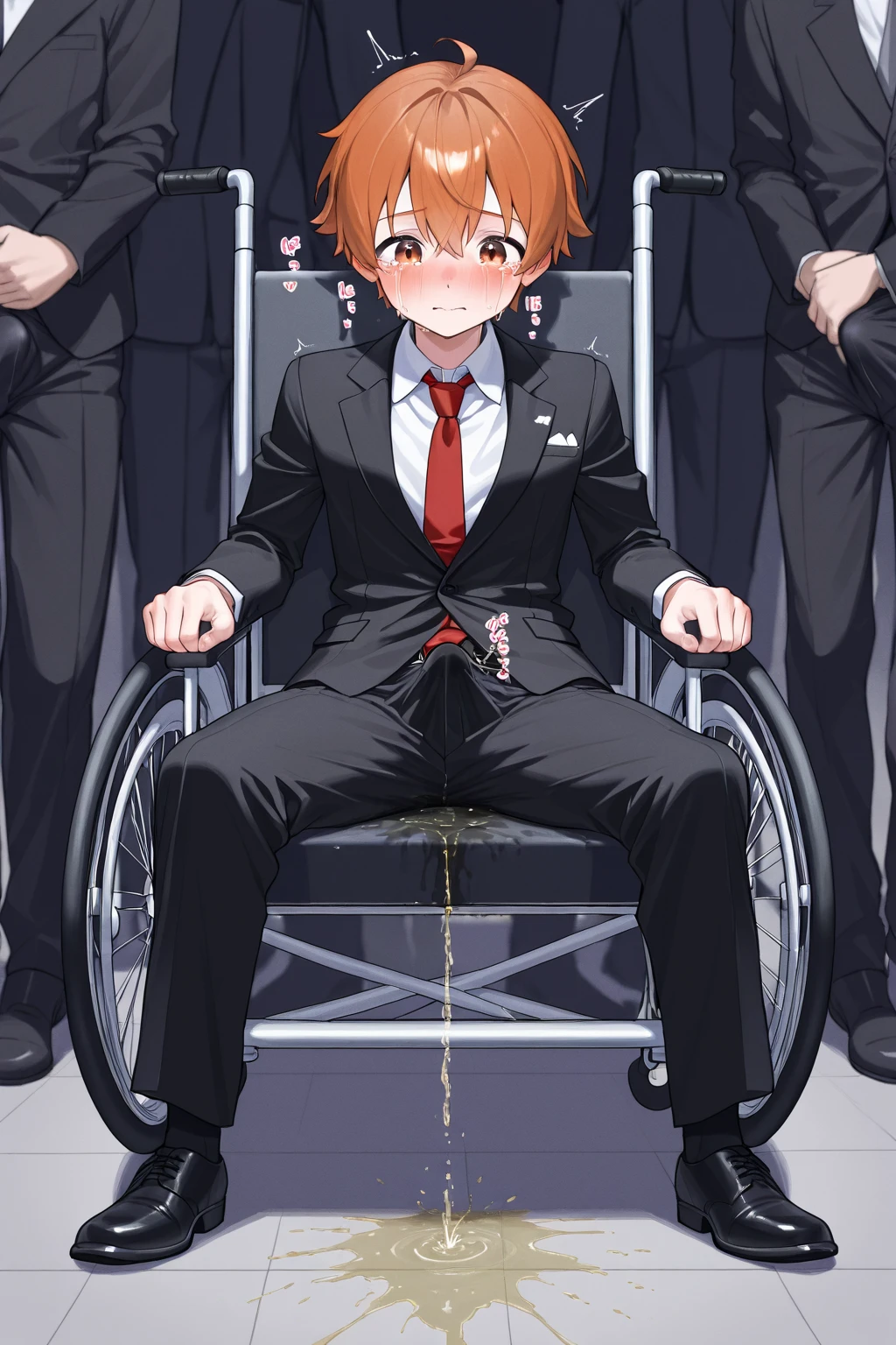 score_9, score_8_wonderful, score_7_wonderful, sauce_anime,Persona,Ryuji,Male Focus,1 male,No pants,Auction,On all fours,Place your hands on the floor,penis,Leash color,View your audience,Squat,humiliation,Obedience,Blue tie,White shirt with sleeves