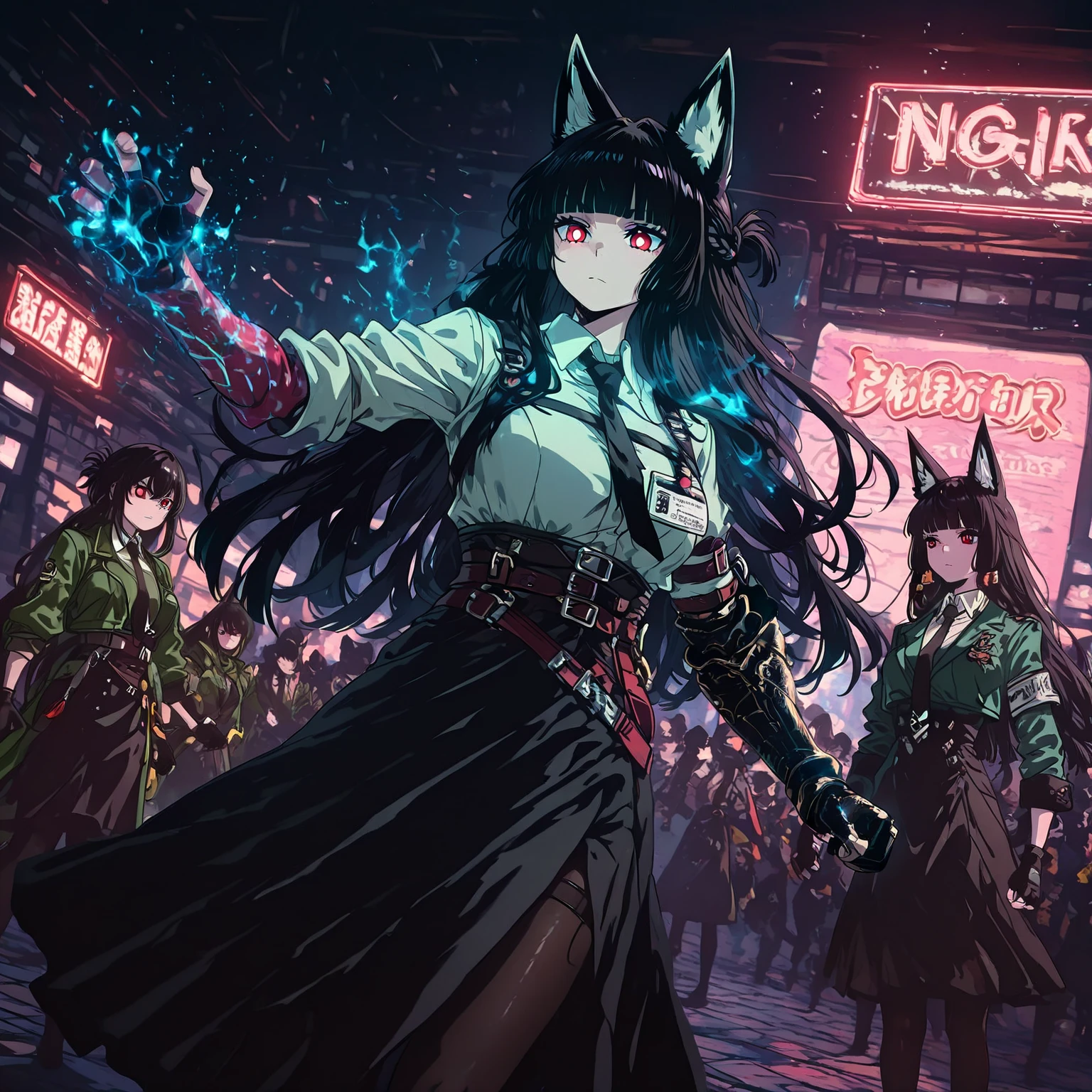(award winning 8k concept art:1.3) of (three young woman attacking the viewer, open mouth, many zombies, crowd:1.3), extremely detailed background, biting, giant zombie chibi in the background, darkness, flash, close to camera, sweet, front, epic, (masterpiece:1.4), (best quality:1.4), Amazing, beautiful, finely detailed, (Depth of field:1.4), 8k, fine art, stunning, (light reflections:1), (crisp:1.6), red twin tails, vibrant, (edge detection:1.4), absurdres, impressive, 120mm, clear, lens flare, wide shot, wide angle, scenery