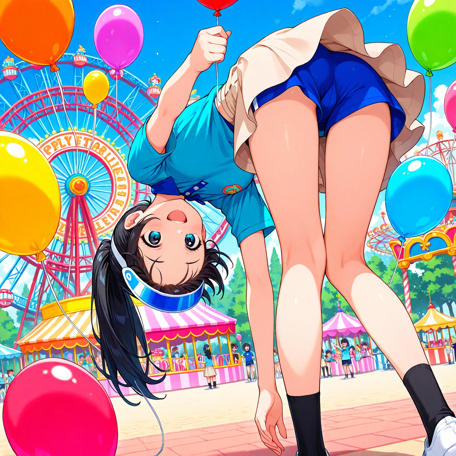 score_8, score_9, penny, brown hair, twintails, black eyes, standing, flat torso, tank top, covered nipples, shy, little_child, female_child, small_body, petite_body, full body, sitting, spread legs, pussy, from below, seductive smile, open mouth,