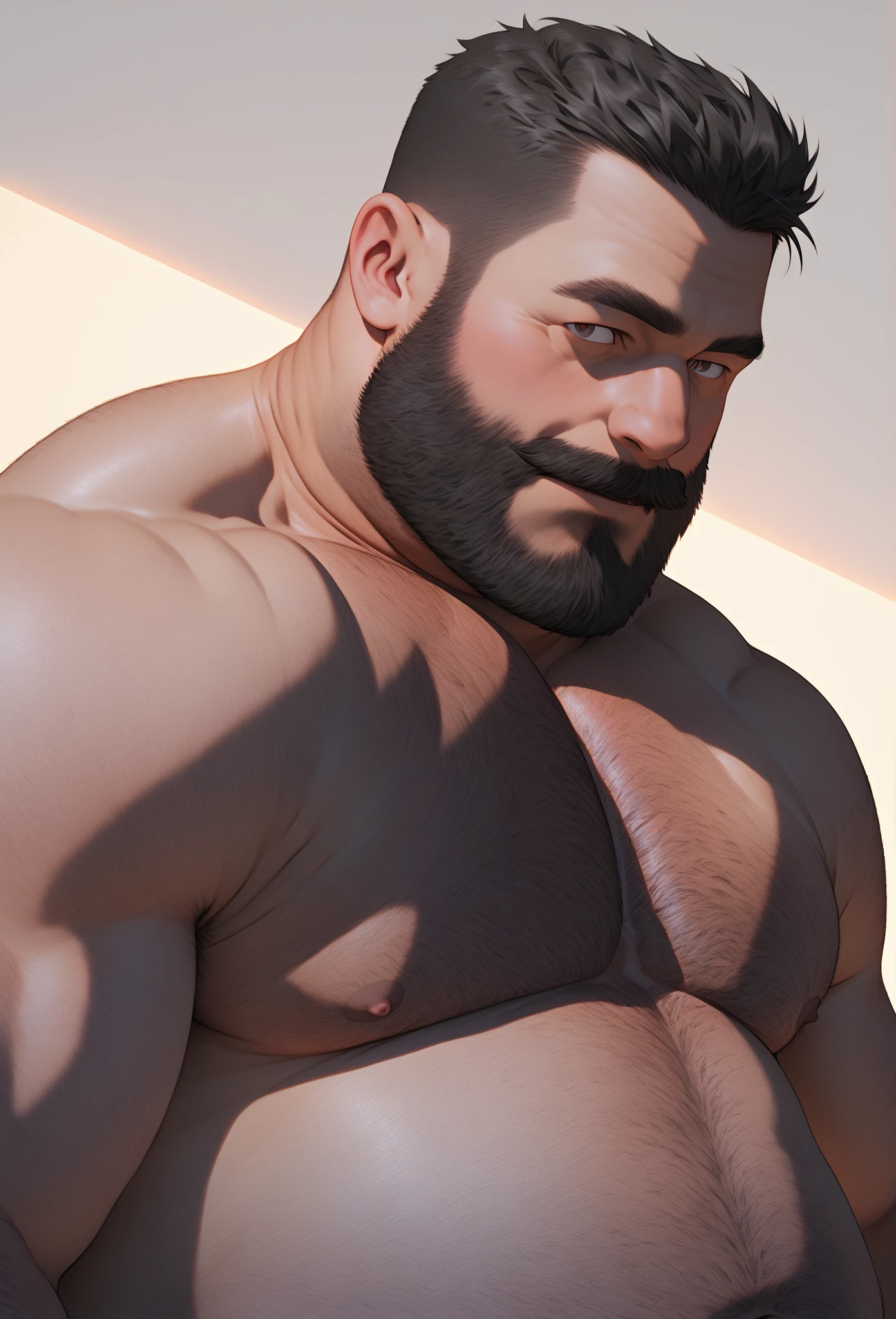 a shirtless man bearded, smiling, detailed muscular wet body, big hard dick, photorealistic, hyperrealistic, 8k, highly detailed, masterpiece, cinematic lighting, dramatic shadows, body wet, lying in garage, wearing a ciclist sunglasses. Wearing a black coat opened.