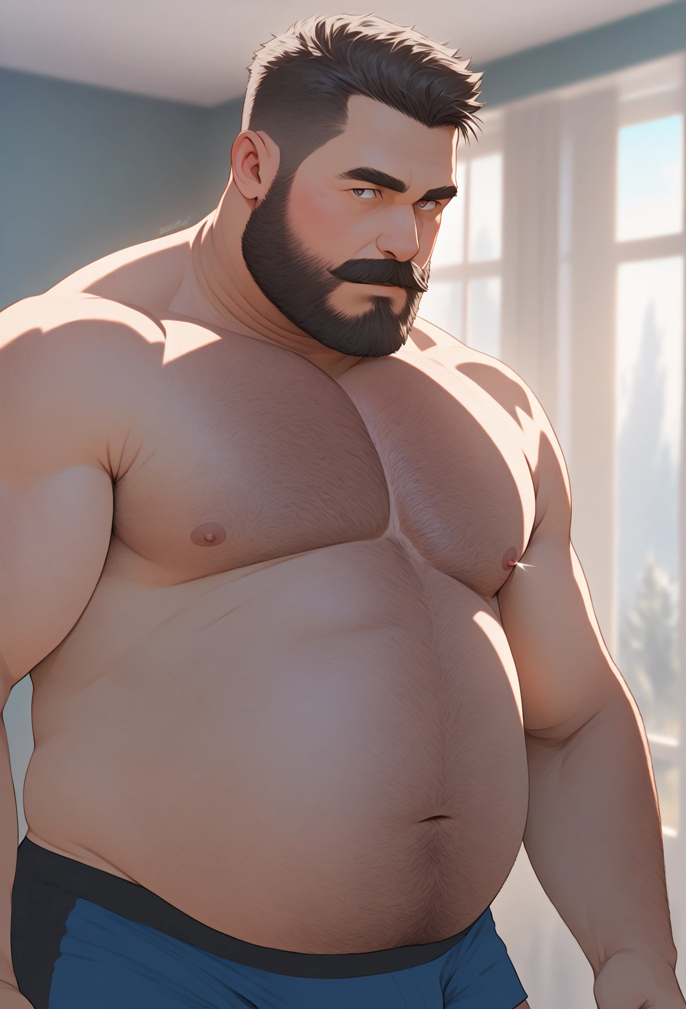 score_9, score_8_up, score_7_up, score_6_up, score_5_up, score_4_up, male focus, rating_explicit, batman \(series\), mature male, large pectorals, thick thighs, big bicepcs, (hairy, hairy body:1.2), source_cartoon, errection under clothes, precum soak, facial stubble, stubble, mustache, male underwear peek, wet, sweat, <lora:sakimichan:1>