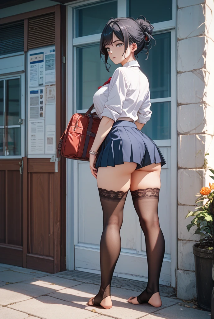 Blue hair, short skirt, under ass, thigh high boots, curvy, long legs, thick thighs, bubble butt, back turned, fit, slim