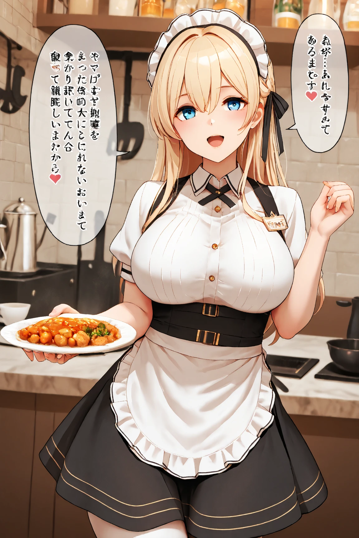 One Woman、beautiful girl、waitress、20-year-old、Side Ponytail、restaurant、waitressの制服、Short skirt、Black Pantyhose、Holding the tray、Highest quality, smile,, Big Ass、Big Breasts、Very big boobs、Place your breasts on the tray、 sink into the tray、Empty tray、Place breasts on the tray、Boob Tray、Tray under the 、The body is facing forward