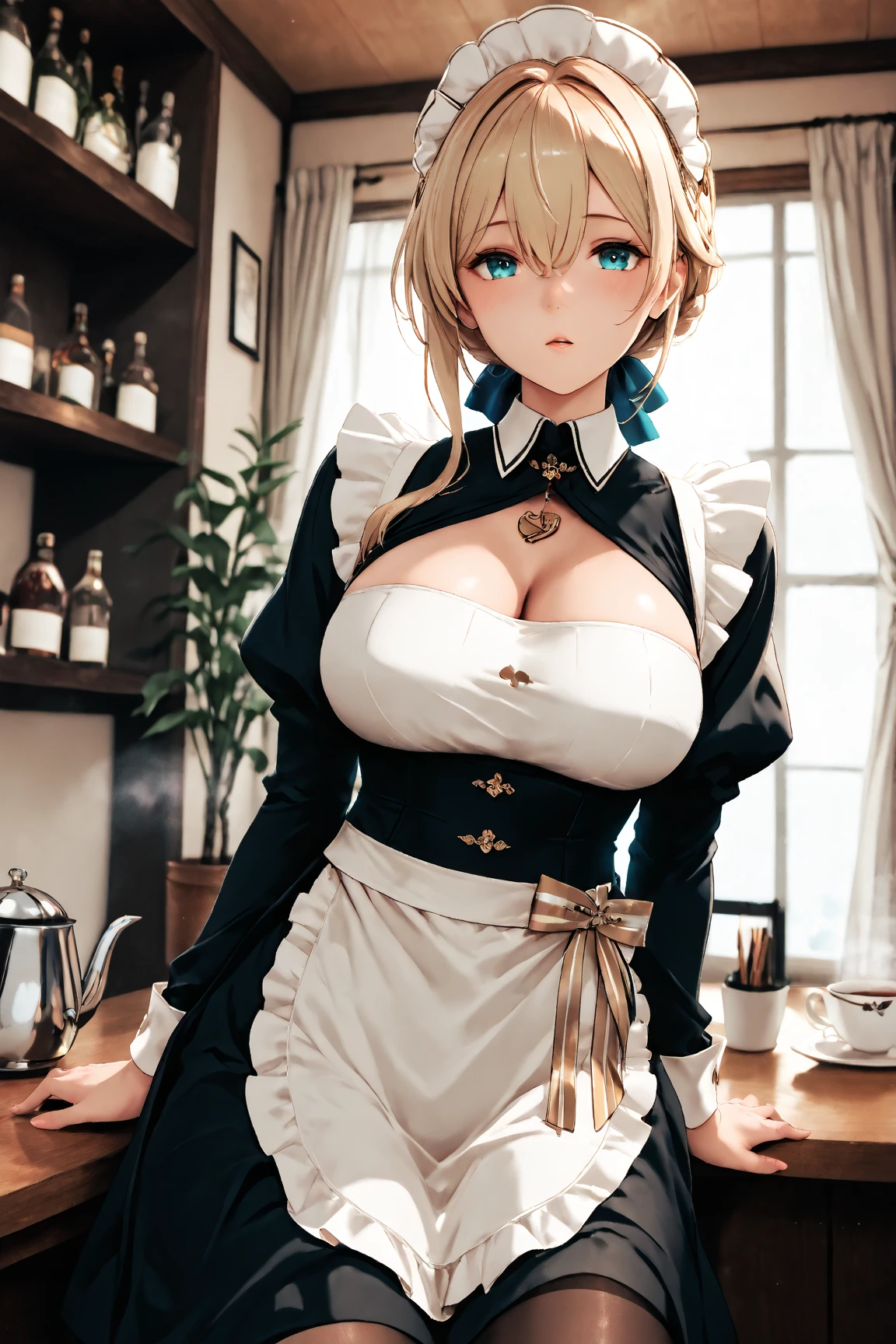 (masterpiece, high resolution,ultra - detailed:1.0),1 girl,Young and beautiful women,eye looking to camera,Perfect female body, big beautiful elongated breasts, breast cup h, Extremely long breasts, Extremely detailed CG,Unity 8k wallpaper,Complicated details, solo person, (skimpy Maid clothes), French Maid Open Uniform, short skimpy Maid dress, lace stockings, color difference, Depth of field,dramatic shadow, Ray tracing, Best quality, Cinematic lighting, Beautiful young maid, manipulative cunning, sly dominant maid, cruel, deceitful, fake smiles,blonde, sagging breasts