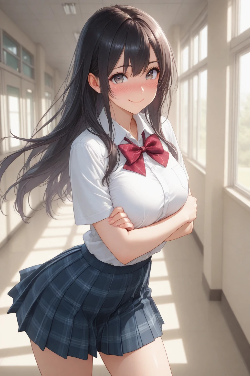 ((Tabletop, highest quality, High resolution, Hmph, Pixel Perfect, 4K, Hmph, Hmph))), One Girl, single, alone, beauty、The whole body is visible、 ((Mid-wave hair, bangs, Brown Hair)), ((Brown eyes, Beautiful eyelashes, Realistic eyes)), ((Detailed face, Blushing:1.2)), ((Smooth texture:0.75, Realistic texture:0.65, Realistic:1.1, Anime CG Style)), Center of chest, Dynamic Angle, Perfect body, ((Red bow tie, , , White shirt, Black plaid skirt)), classroom、、Very embarrassing panic smile, 、、(The wind flipped up her skirt, Exposing your buttocks....................、Flip up your skirt with both hands、Her white and pink floral lace panties are completely visible)、Angle from below