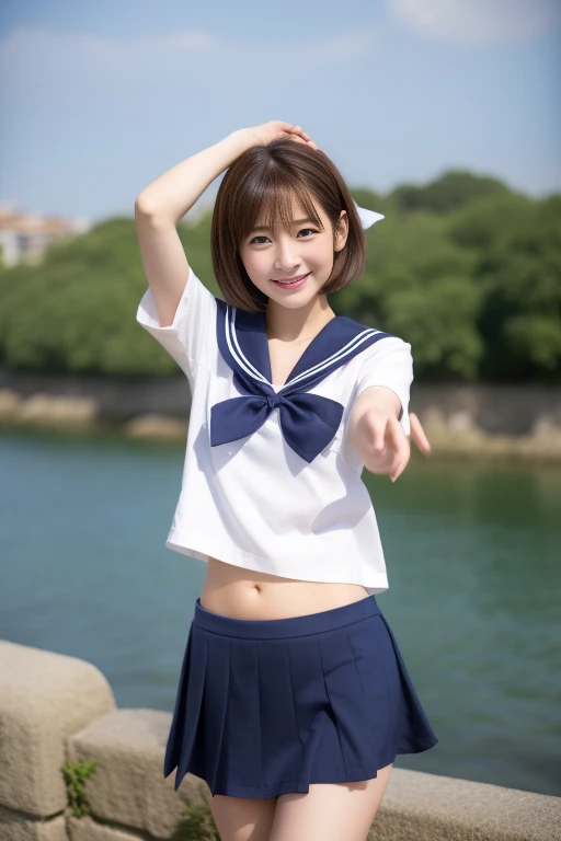 ((((((17 years old))))))、(Aya Ueto : 0.8)、(((A charming face)))、(((Young face)))、(((beautiful girl)))、(((A beautiful woman)))、Beautiful woman、Cute woman、((Innocent face))、((Smile))、((Ultra-detailed face))、((Detailed lips))、((Detailed eyes))、((double eyelid))、(((Beautiful Face)))、(((Beautiful, well-shaped eyes)))、(((Beautiful, well-shaped lips)))、Very Short Hair、ponytail、Pixie cut、BREAK、BREAK、(((Wearing a sailor uniform)))、BREAK、8 heads、(((slender)))、(((Slim body)))、(((Thin body)))、(((Slim woman)))、(Flat Chest:1.5)、BREAK、Photographic quality、Natural light、(フォトRealistic:1.4)、(Highest quality:1.2)、(Ultra-high resolution:1.2)、8K、RAW Photos、Realistic、High Detail、Film Grain、Detail Skin、Symmetrical、Delicate skin、Real human skin、pores、Super detailed、Detailed、(masterpiece : 1.2)、Thin face、Sharp Face、Small Face、Small face、Narrow shoulders、Small shoulders、Small shoulders幅、Slim shoulders、Narrow shoulders幅、Beautiful Japanese Woman、Beautiful Korean Woman、Slim womanモデル、Young Gravure Idol、Realistic young gravure idol、Young Sensual Gravure Idol、Young Pretty Gravure Idol、Japanese Model、Young Gravure Idol、((From the knee up)) 、(arms behind back:1.3)